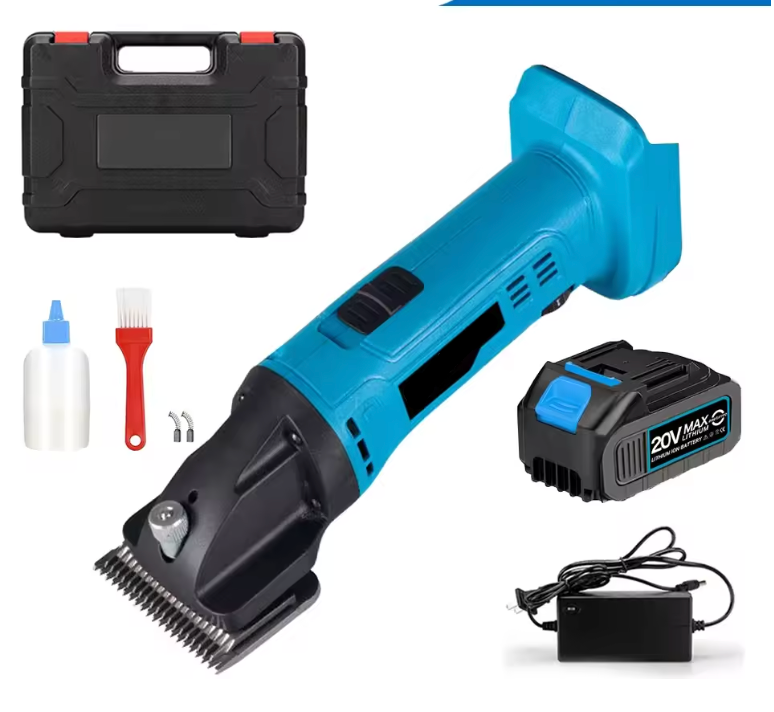 Blue grooming tool with accessories including a case, battery, and attachments on a white background.