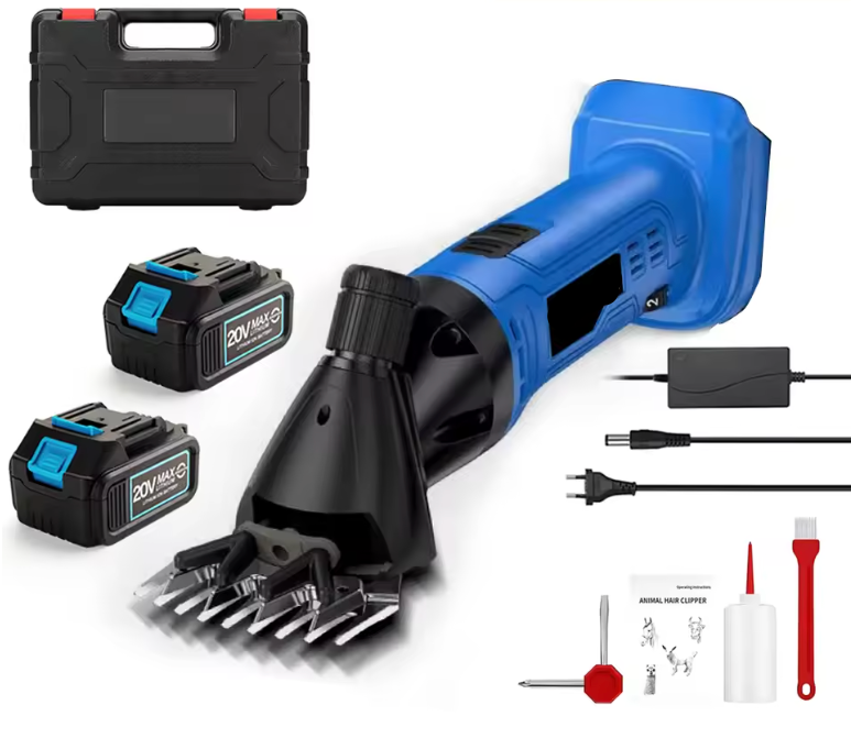 Blue grooming tool with attachments and accessories on a white background