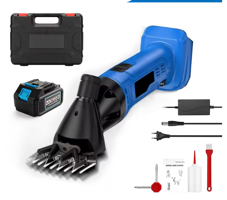 Blue grooming tool set with attachments and accessories on a white background