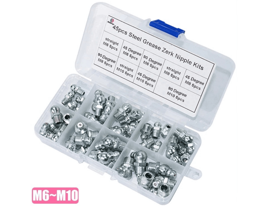 45pcs Steel Grease Zerk Nipple Kit [Straight, 45 degrees, 90 degrees]