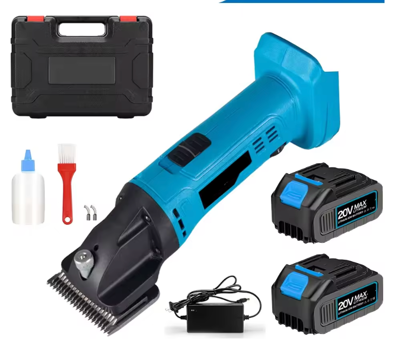 Blue grooming tool with accessories on a white background