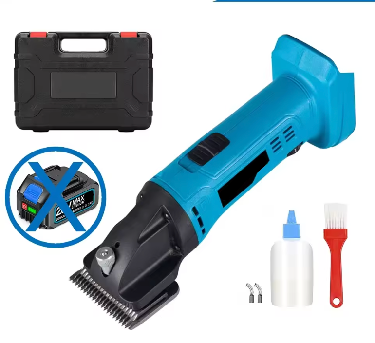 Blue grooming tool with accessories on a white background